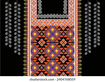 Neckline, patterned shirt neckline Ikat orange yellow on black embroidery geometric pattern Traditional on abstract vector background, Aztec style, design for fabric texture, women fashion wear, print