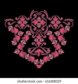 Neckline rose design. Floral pattern. Vector print with pink  flowers and decorative elements for embroidery, for women's clothing.