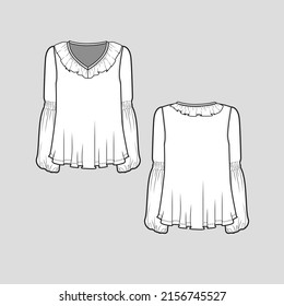 Neckline Ruffles top v neck ruffle detail on around neck smocked lantern sleeve top smocking gatherings sleeve detail flare fashion t shirt top blouse clothing flat sketch technical drawing template d