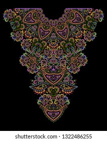 Neckline - vertical ethnic design. Geometric colorful traditional pattern with paisley. Vector print with decorative elements and paisley for embroidery, for women's clothing.