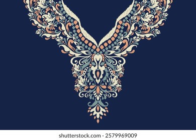 Neckline,neckline pattern,neckline design pattern on blue background,ikat floral pattern,flower neck design embroidery,Aztec style,vector illustration.design for texture,fabric,clothing,fashion women