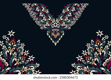 Neckline,neckline pattern,neckline design pattern on black background,ikat floral pattern,flower neck design embroidery,Aztec style,vector illustration.design for texture,fabric,clothing,fashion women