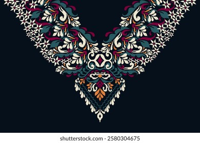 Neckline,neckline pattern,neckline design pattern on black background,ikat floral pattern,flower neck design embroidery,Aztec style,vector illustration.design for texture,fabric,clothing,fashion women