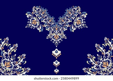 Neckline,neckline pattern,neckline design pattern on blue background,ikat floral pattern,flower neck design embroidery,Aztec style,vector illustration.design for texture,fabric,clothing,fashion women