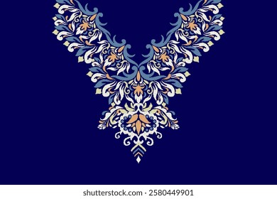 Neckline,neckline pattern,neckline design pattern on blue background,ikat floral pattern,flower neck design embroidery,Aztec style,vector illustration.design for texture,fabric,clothing,fashion women