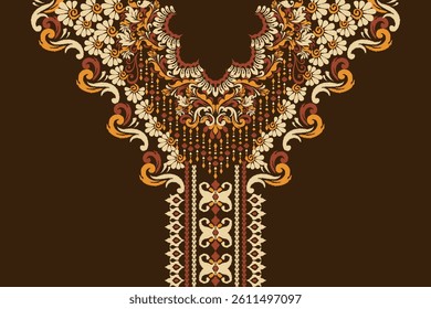 Neckline,neckline pattern,neckline design pattern on brown background,ikat floral pattern,flower neck design embroidery,Aztec style,vector illustration.design for texture,fabric,clothing,fashion women