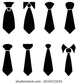necktie black graphic icon set of a classic with a visible knot and collar detail.