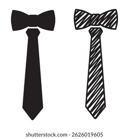 Necktie and Bow Tie Vector Silhouettes – Solid Black and Hand-Drawn Doodle Style Icons on Transparent White Background