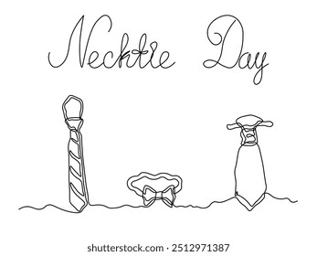 Necktie Day. Abstrakter Satz von drei verschiedenen Krawatten. Bogen Krawatte, Plastron Krawatte, Krawatte, durchgehende einzeilige Kunstzeichnung Skizze, Logo