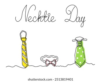 Necktie Day. Abstrakter Satz von drei verschiedenen Krawatten. Bogen Krawatte, Plastron Krawatte, Krawatte, durchgehende einzeilige Kunstzeichnung Skizze, Logo