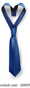 Necktie for Fathers day gift post greeting card banner poster. Relistic satin blue knot. Male tie design.Symbol of father and son.Heart shaped symbol of love and respect.