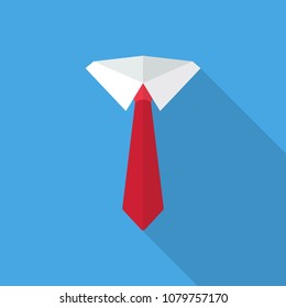 Necktie flat icon with long shadow isolated on blue background. Simple tie sign symbol in flat style. Suit Vector Element Can Be Used For Necktie, Shirt, Suit Design Concept.