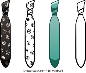 Necktie in four variants set isolated illustration. Colored, line version, with pattern. White background, vector.