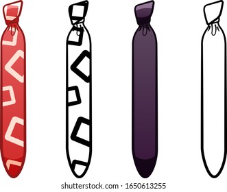 Necktie in four variants set isolated illustration. Colored, line version, with pattern. White background, vector.