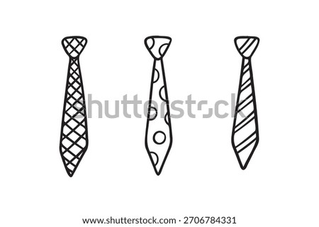 Necktie Hand drawn doodle tie element, art, icon, symbol. Isolated black and white necktie clipart element. Vector illustration