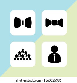 necktie icon. 4 necktie set with bow tie, male human group of men with ties and business person silhouette wearing tie vector icons for web and mobile app