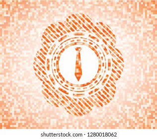 necktie icon inside abstract emblem, orange mosaic background