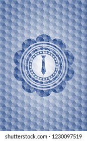 necktie icon inside blue emblem or badge with abstract geometric pattern background.