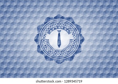 necktie icon inside blue emblem or badge with abstract geometric pattern background.