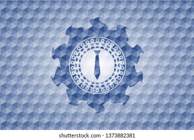 necktie icon inside blue emblem or badge with abstract geometric polygonal pattern background.