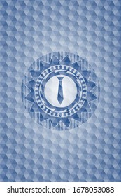 necktie icon inside blue emblem or badge with abstract geometric polygonal pattern background.