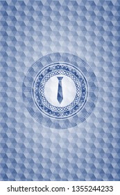 necktie icon inside blue polygonal emblem.