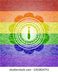 necktie icon inside emblem on mosaic background with the colors of the LGBT flag