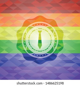 necktie icon inside emblem on mosaic background with the colors of the LGBT flag