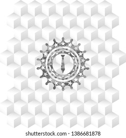 necktie icon inside grey badge with geometric cube white background