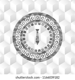 necktie icon inside grey emblem with cube white background