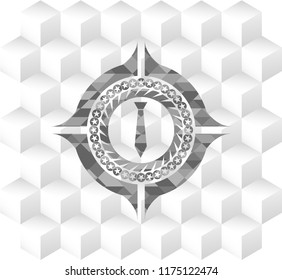 necktie icon inside grey emblem with cube white background