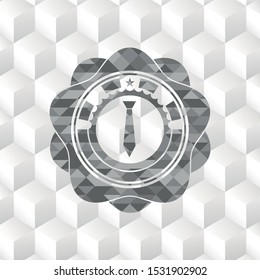 necktie icon inside grey icon or emblem with geometric cube white background