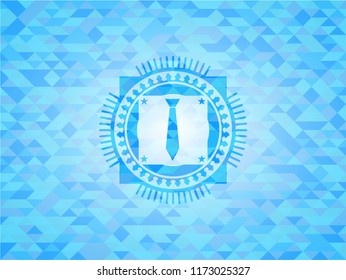 necktie icon inside light blue emblem with triangle mosaic background