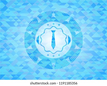 necktie icon inside light blue emblem with mosaic ecological style background