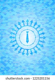 necktie icon inside light blue emblem with mosaic ecological style background