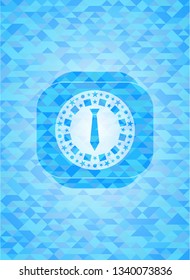 necktie icon inside light blue emblem with mosaic background