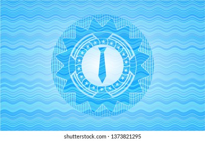 necktie icon inside light blue water wave style emblem.