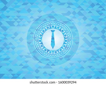 necktie icon inside light blue emblem with mosaic ecological style background