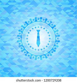 necktie icon inside realistic sky blue emblem. Mosaic background