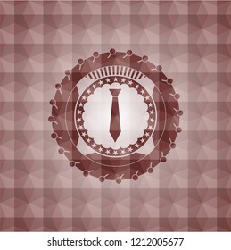 necktie icon inside red emblem with geometric background. Seamless.