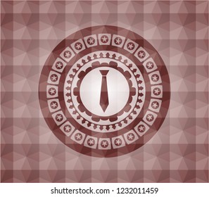 necktie icon inside red emblem or badge with geometric pattern background. Seamless.