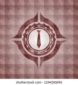 necktie icon inside red emblem or badge with abstract geometric pattern background. Seamless.