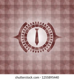 necktie icon inside red emblem with geometric pattern. Seamless.