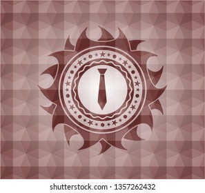 necktie icon inside red emblem or badge with abstract geometric polygonal pattern background. Seamless.