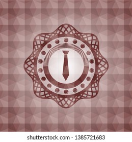 necktie icon inside red emblem or badge with abstract geometric polygonal pattern background. Seamless.