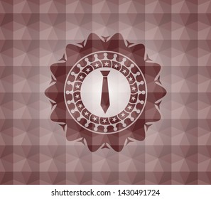 necktie icon inside red emblem or badge with geometric pattern background. Seamless.