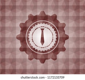 necktie icon inside red seamless emblem or badge with abstract geometric polygonal pattern background.