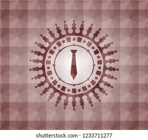 necktie icon inside red seamless emblem with geometric background.