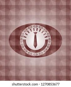 necktie icon inside red seamless emblem or badge with abstract geometric polygonal pattern background.