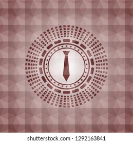 necktie icon inside red seamless emblem with geometric pattern background.